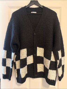 Zara Black & White Checkerboard / Checkered Flag Knit Cardigan